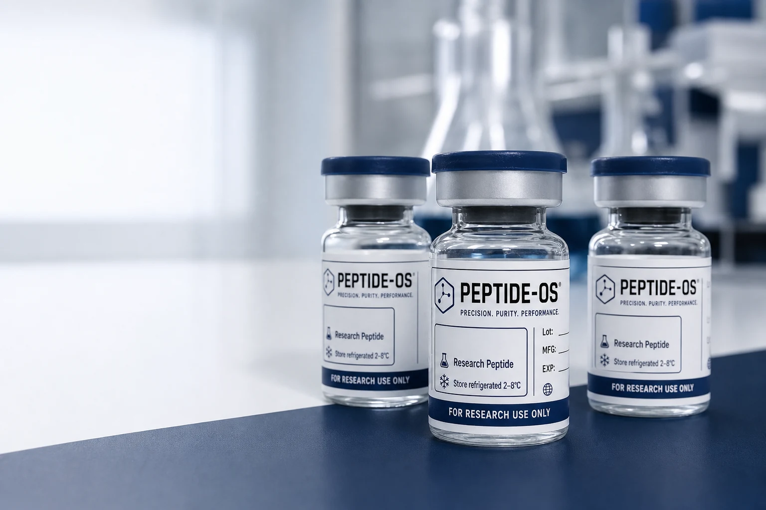 Three PeptideOS research vials in a clean laboratory setting
